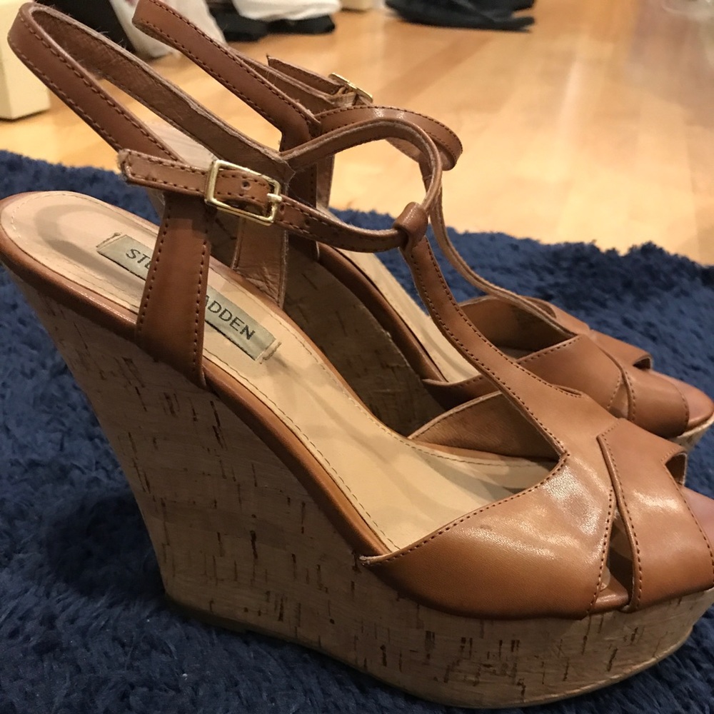 steve madden brown leather cork wedges